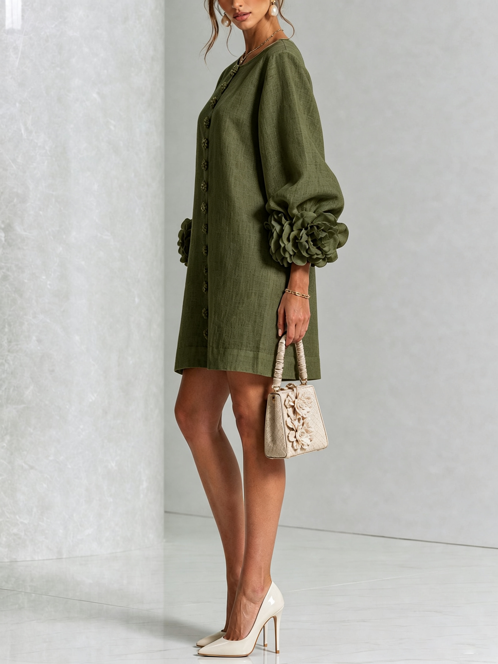 Mini White Dress with Buttons with Floral & Sleeves with Floral Stravaganti