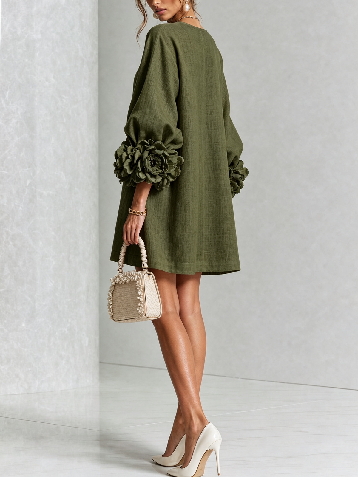 Mini White Dress with Buttons with Floral & Sleeves with Floral Stravaganti