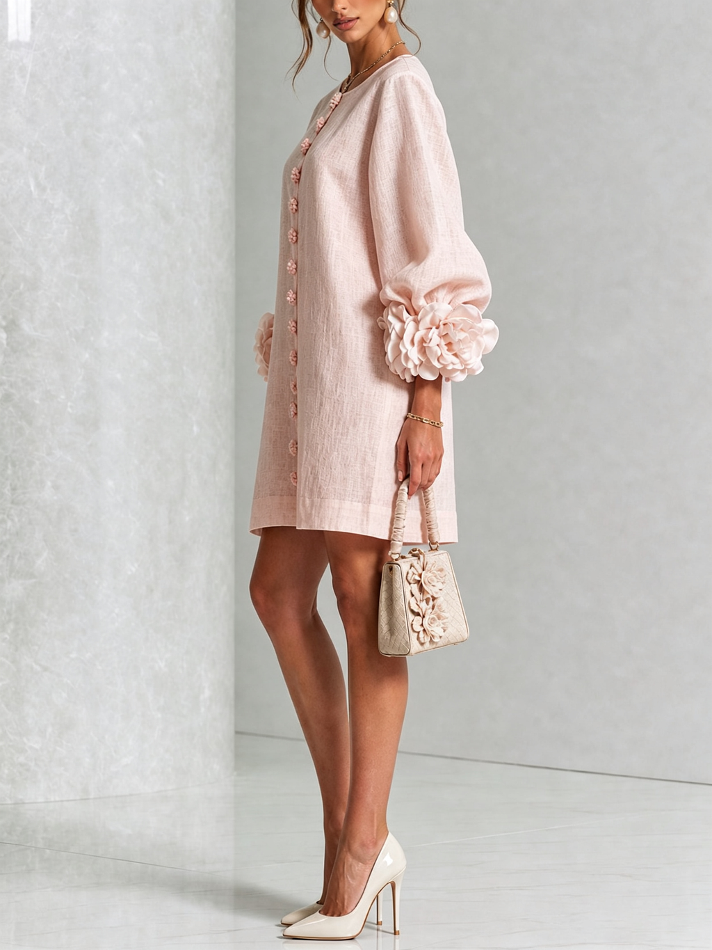 Mini White Dress with Buttons with Floral & Sleeves with Floral Stravaganti