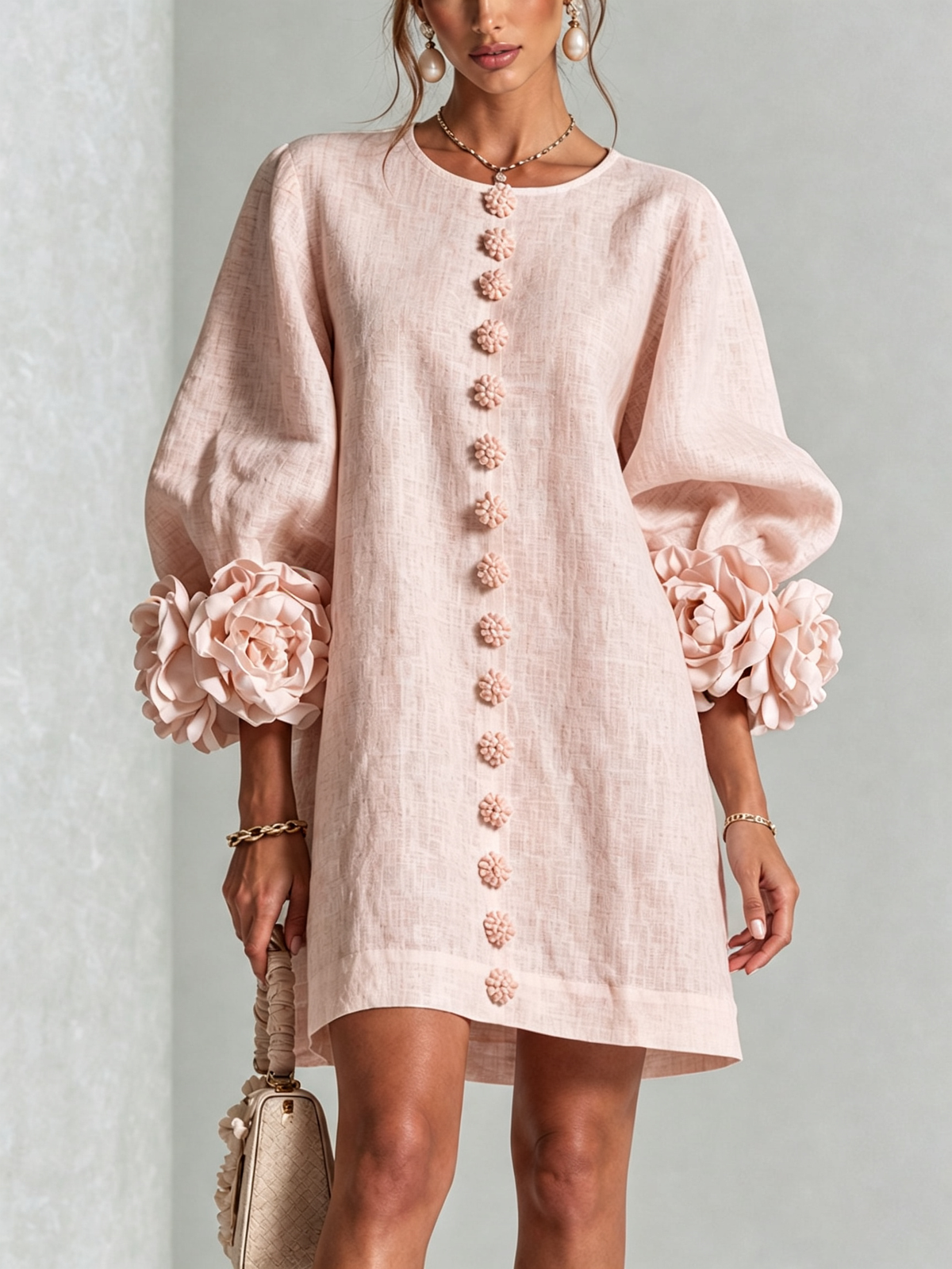 White Mini Dress with Floral Buttons and Whimsical Floral Sleeves