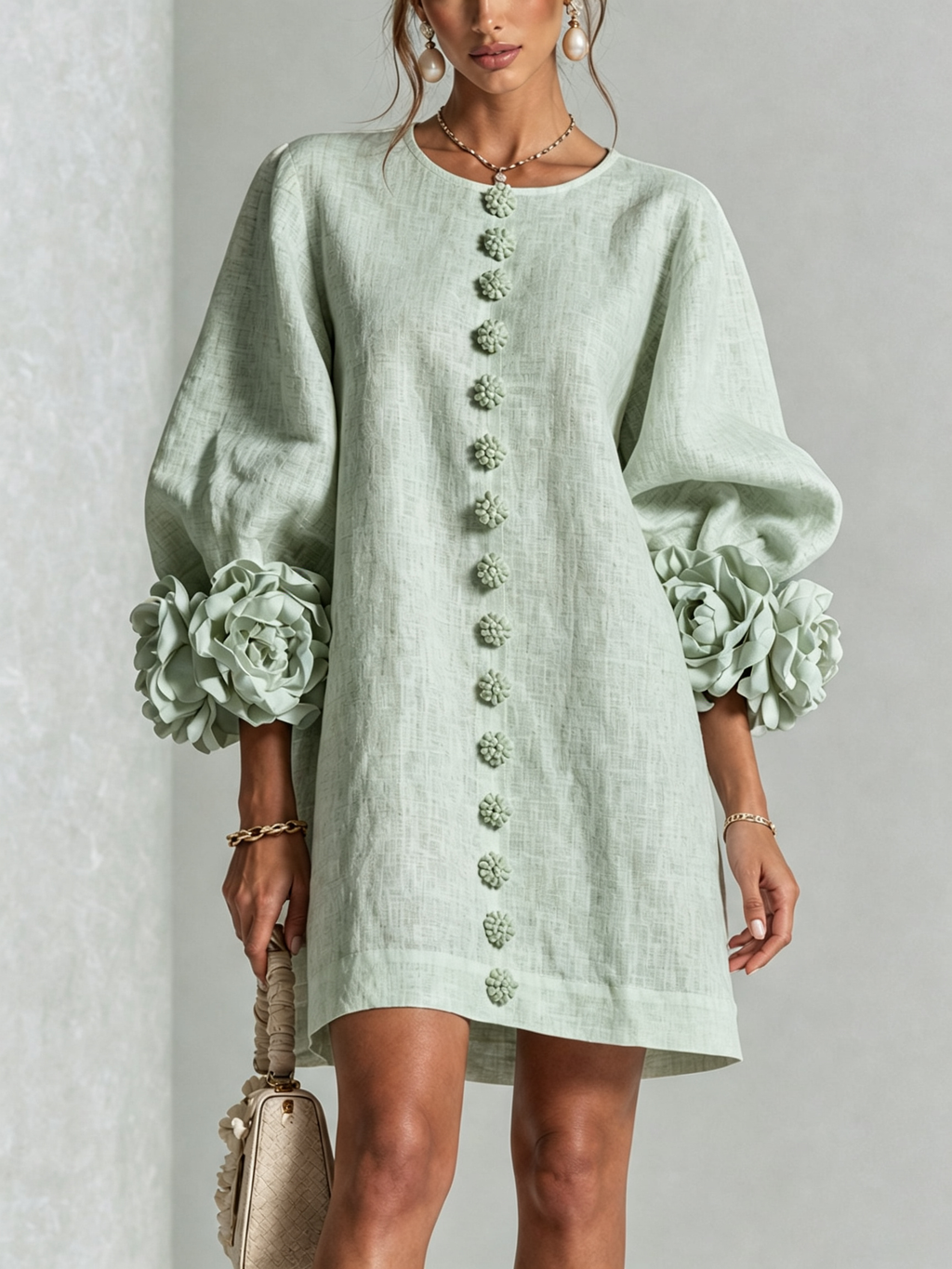Mini White Dress with Buttons with Floral & Sleeves with Floral Stravaganti