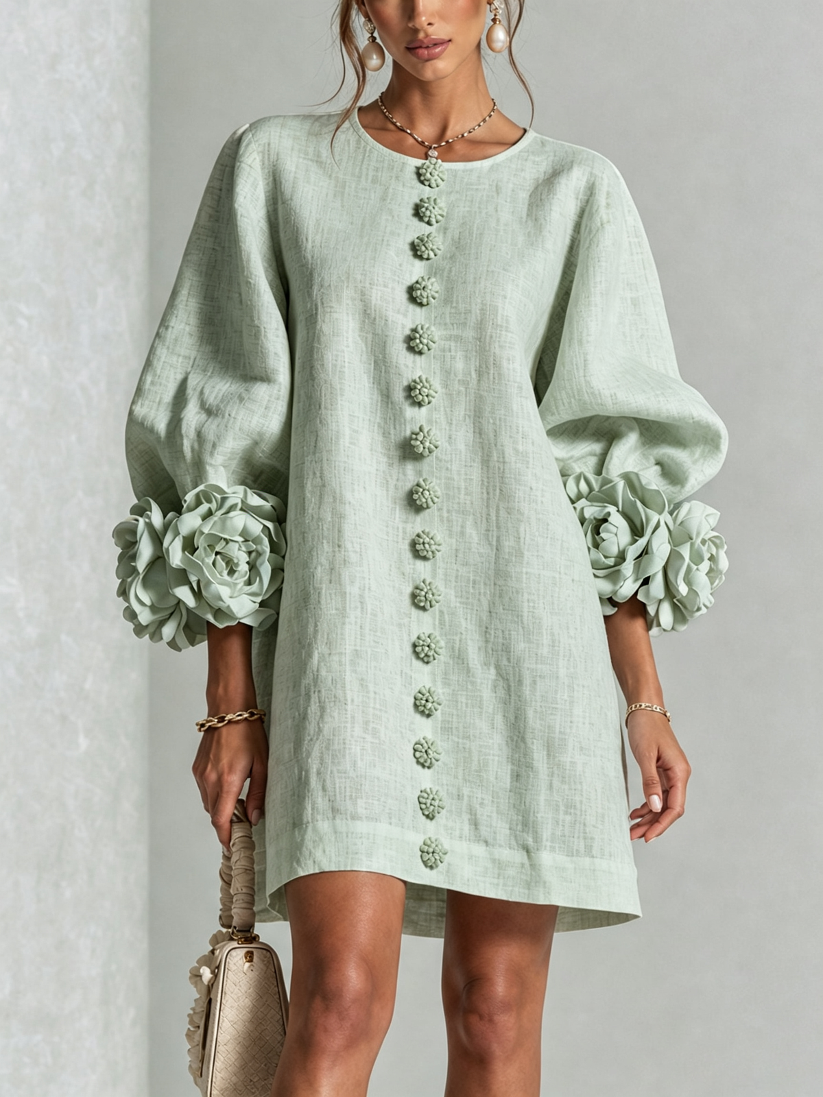 White Mini Dress with Floral Buttons and Whimsical Floral Sleeves