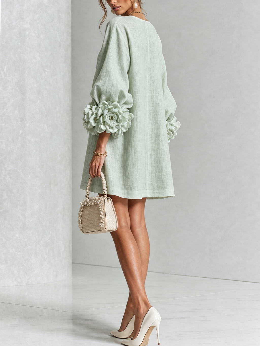Mini White Dress with Buttons with Floral & Sleeves with Floral Stravaganti