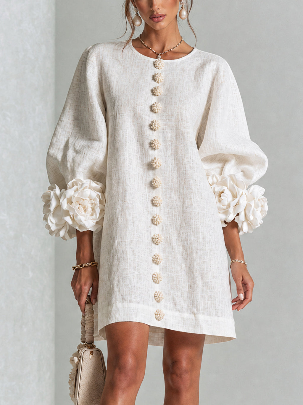 Mini White Dress with Buttons with Floral & Sleeves with Floral Stravaganti
