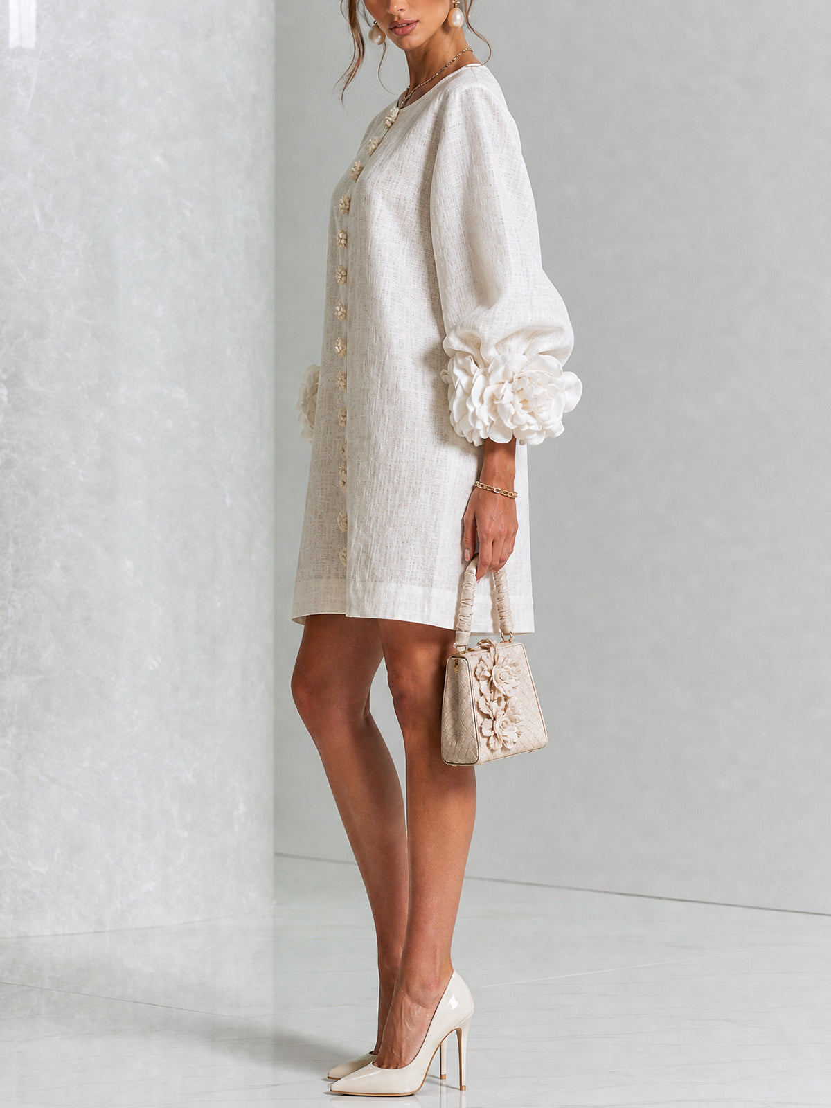 White Mini Dress with Floral Buttons and Whimsical Floral Sleeves
