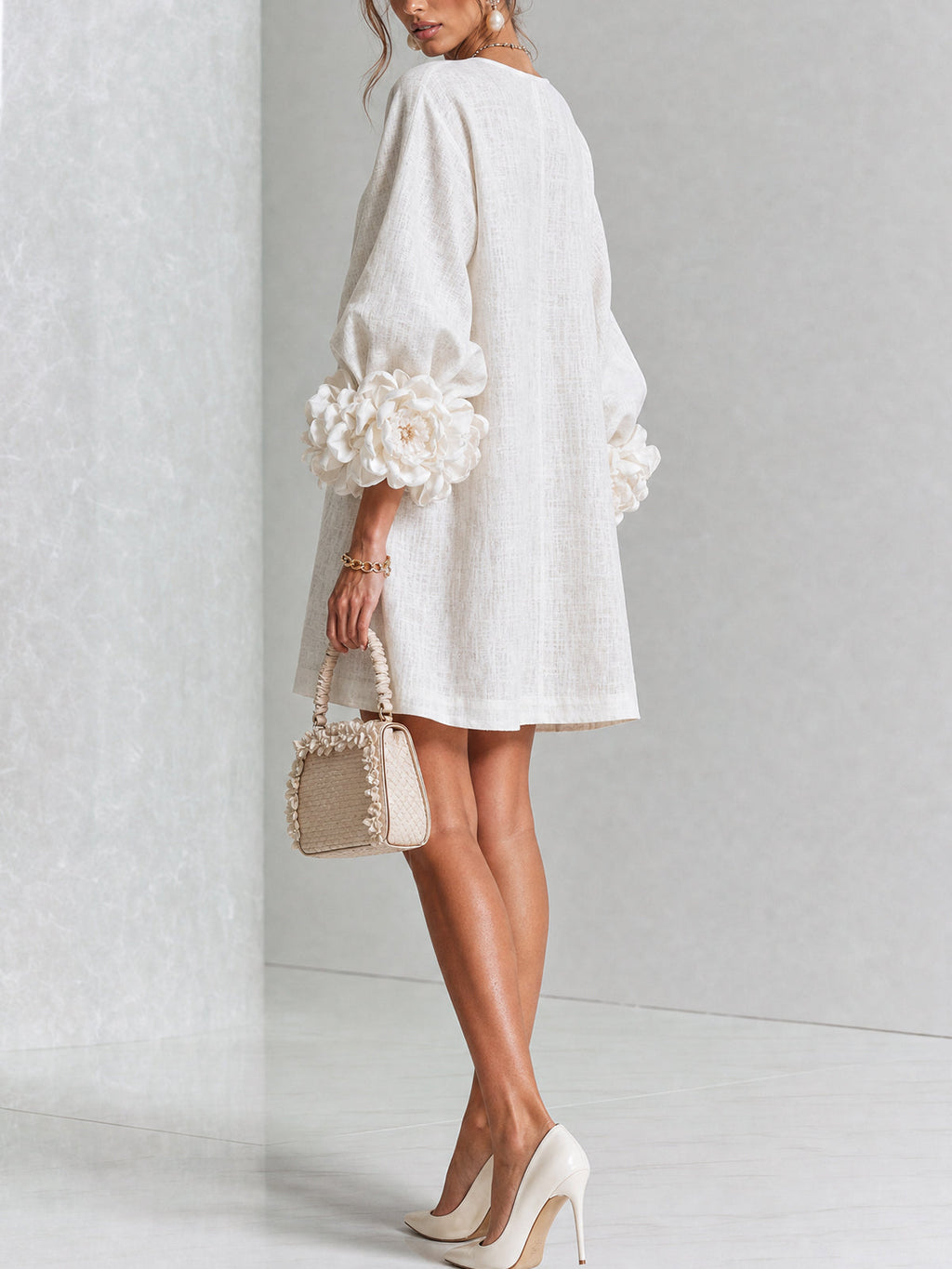 Mini White Dress with Buttons with Floral & Sleeves with Floral Stravaganti