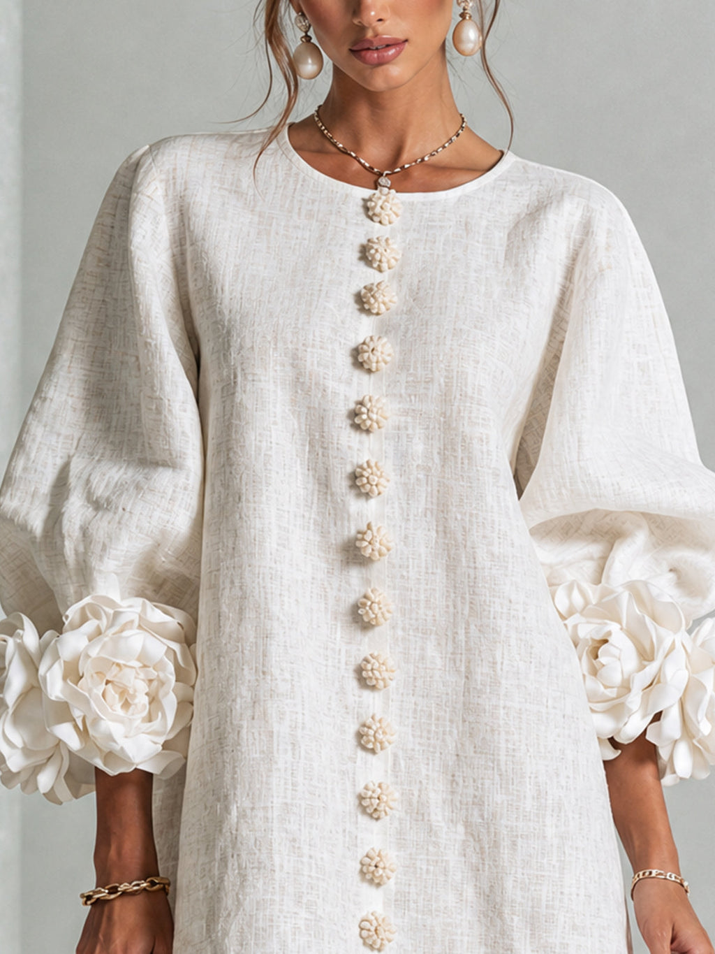 Mini White Dress with Buttons with Floral & Sleeves with Floral Stravaganti
