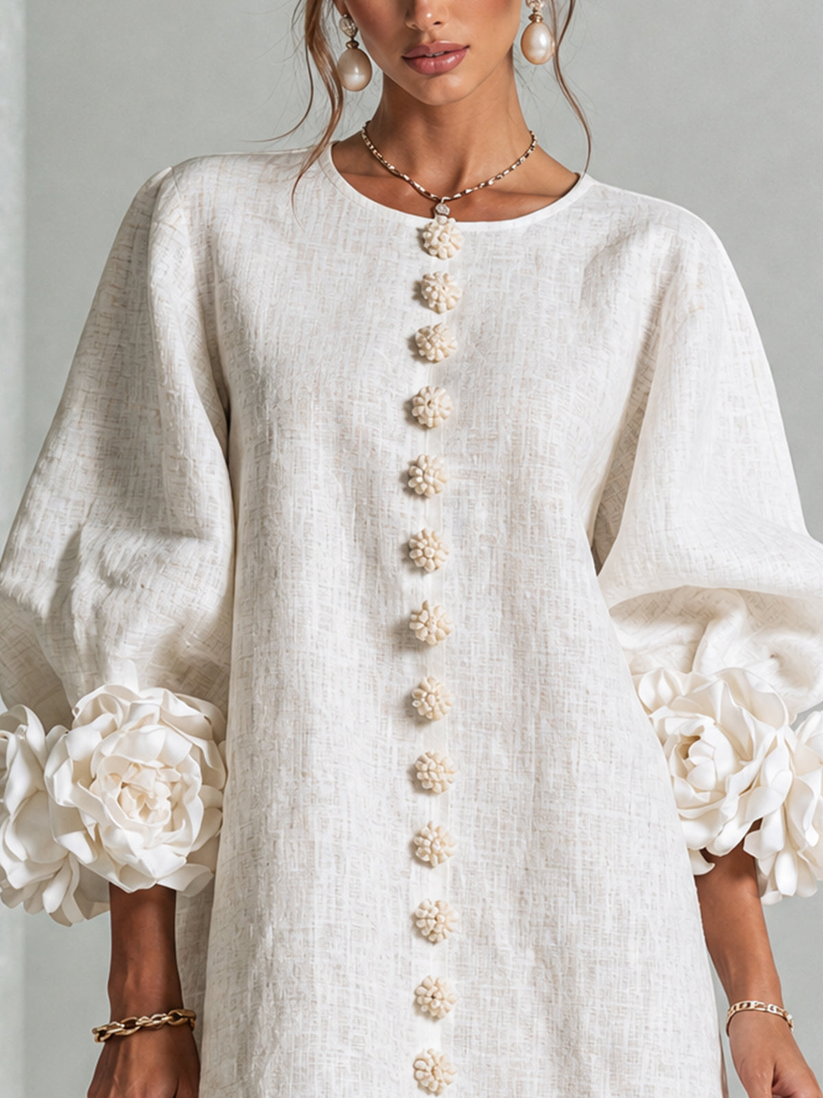 Mini White Dress with Buttons with Floral & Sleeves with Floral Stravaganti