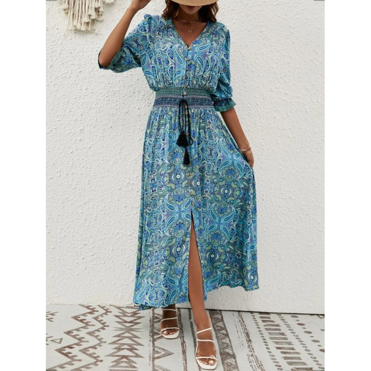 Claudia | Bohemian Cotton Dress with Adjustable Waist & Print