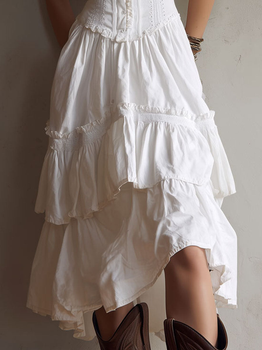 Midi Boho Retro Dress with Corset with Balze & Lace Trim