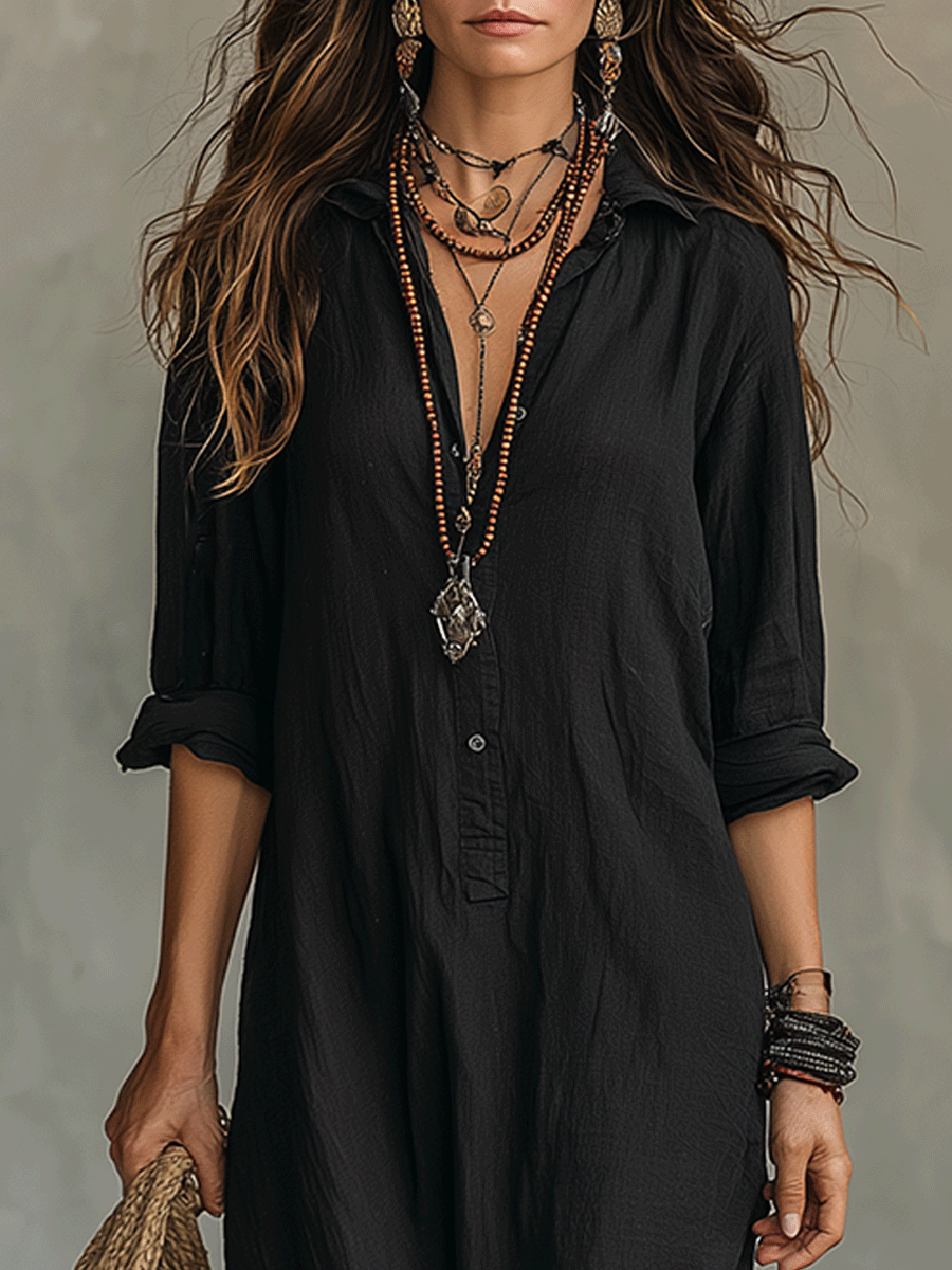 Dress Long Boho Black Shirt Dress with Buttons