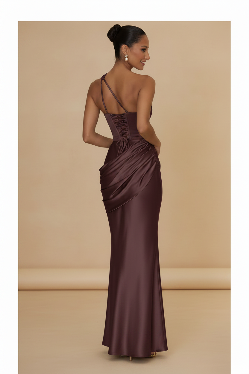 Aveline | Asymmetric One-Shoulder Satin Maxi Dress in Burgundy