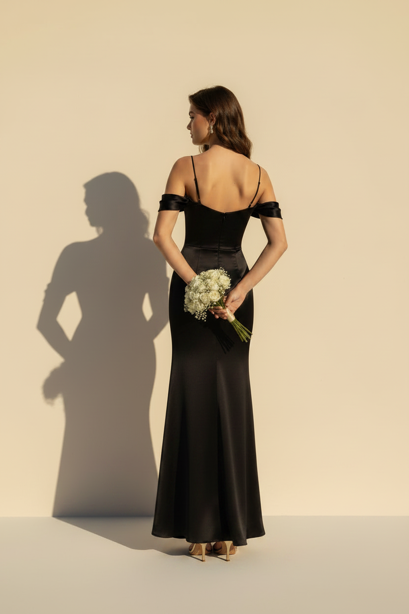 Aurélie | Satin Off-Shoulder Maxi Dress with Slit in Black