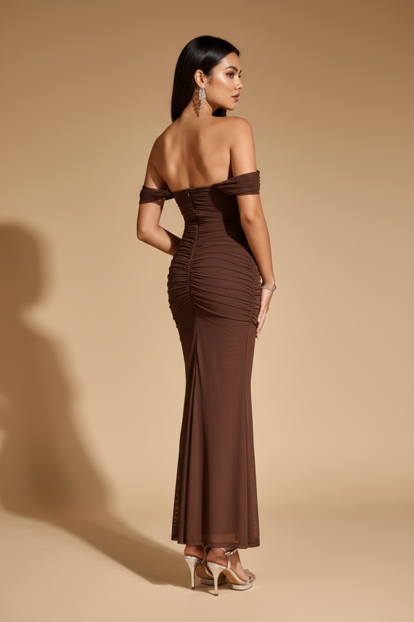 Serena | Off-Shoulder Draped Maxi Dress in Chocolate