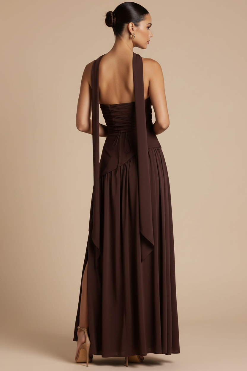 Valeria – Maxi Strapless Slit Elegant Brown Dress