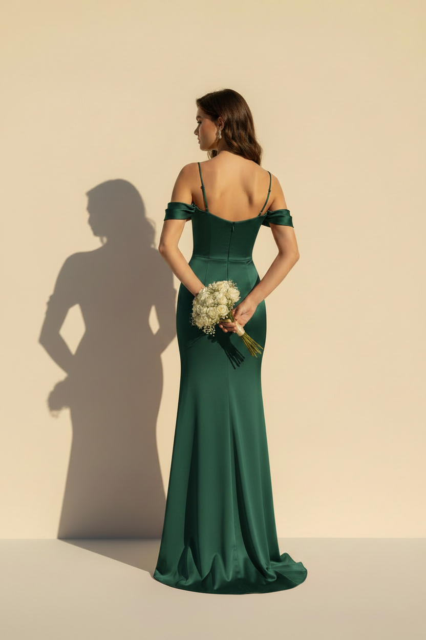 Aurélie | Satin Off-Shoulder Maxi Dress with Slit in Olive Green