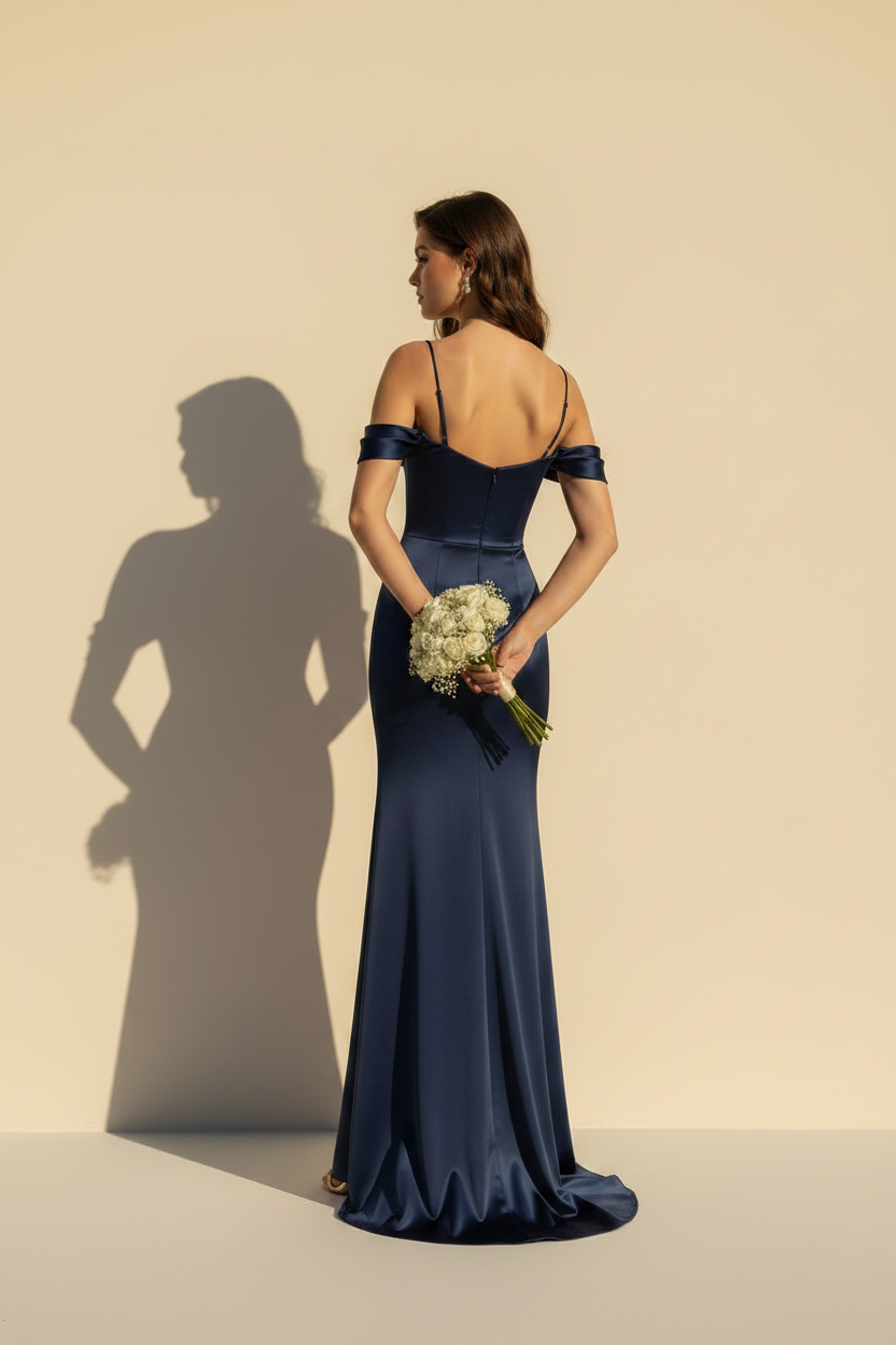 Aurélie | Satin Off-Shoulder Maxi Dress with Slit in Navy