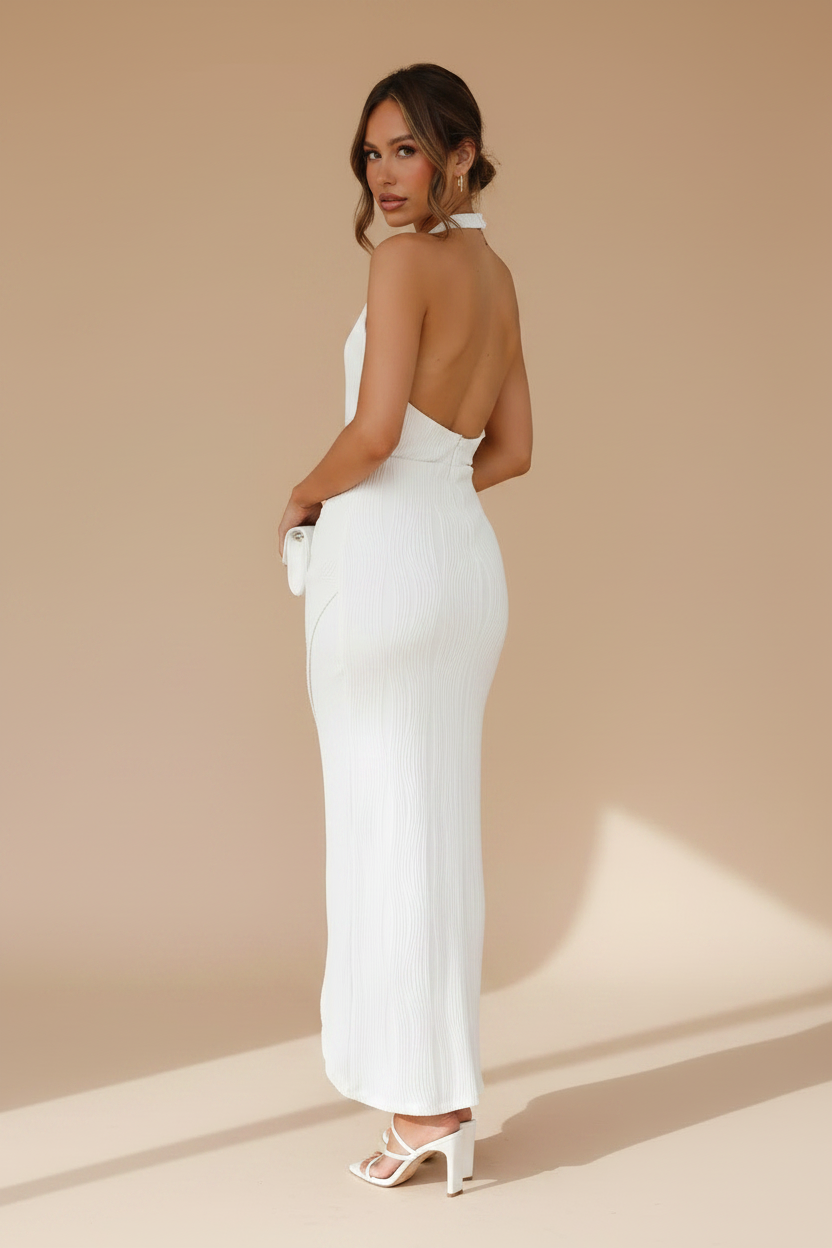 Celia – Midi Halter Effect Silhouette White Dress