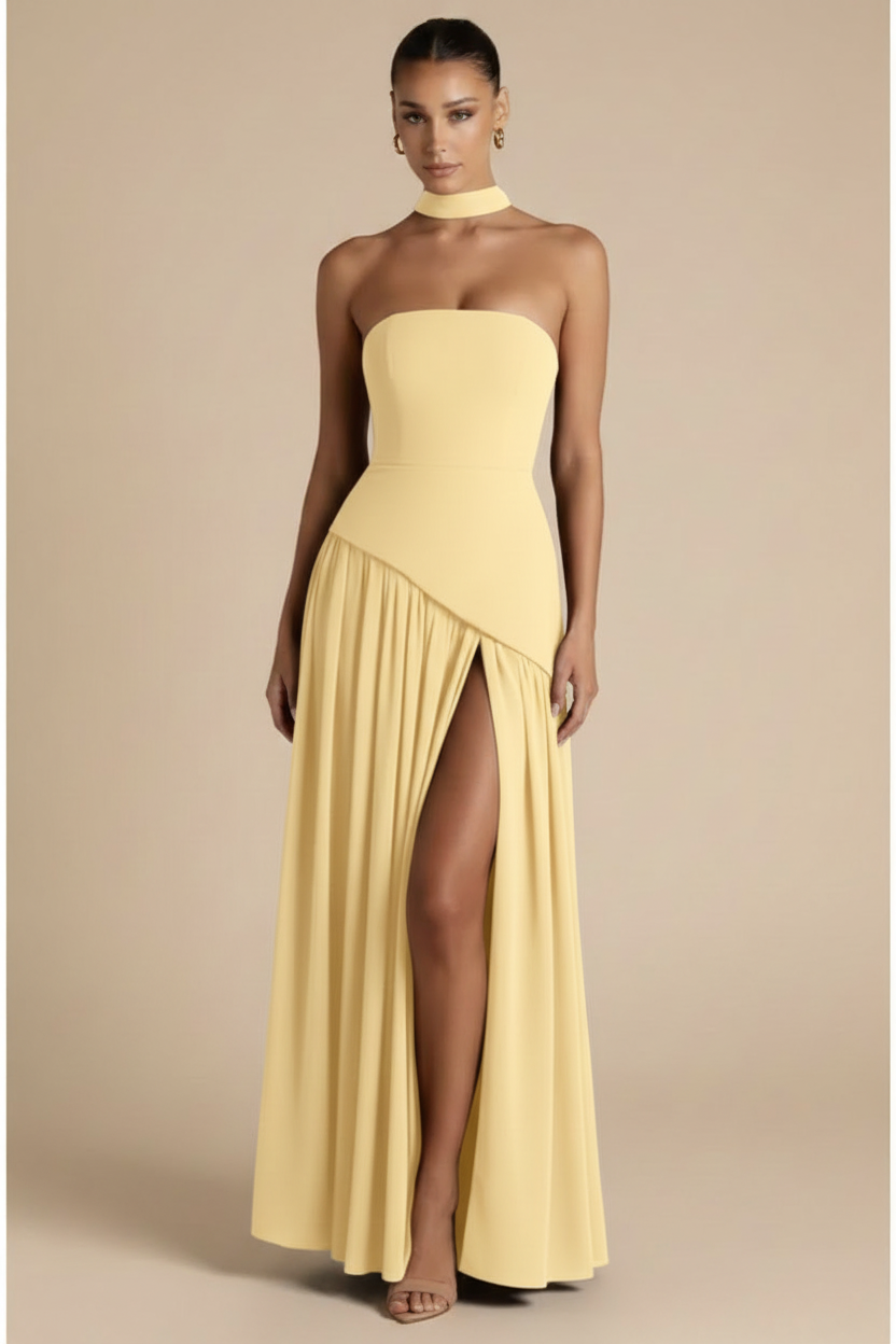Valeria – Maxi Strapless Slit Elegant Yellow Light Dress