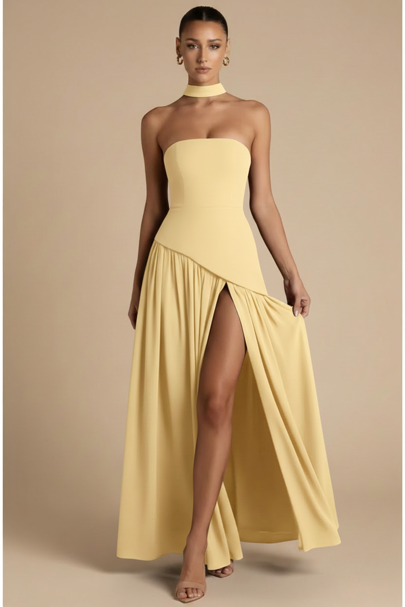 Valeria – Maxi Strapless Slit Elegant Yellow Light Dress