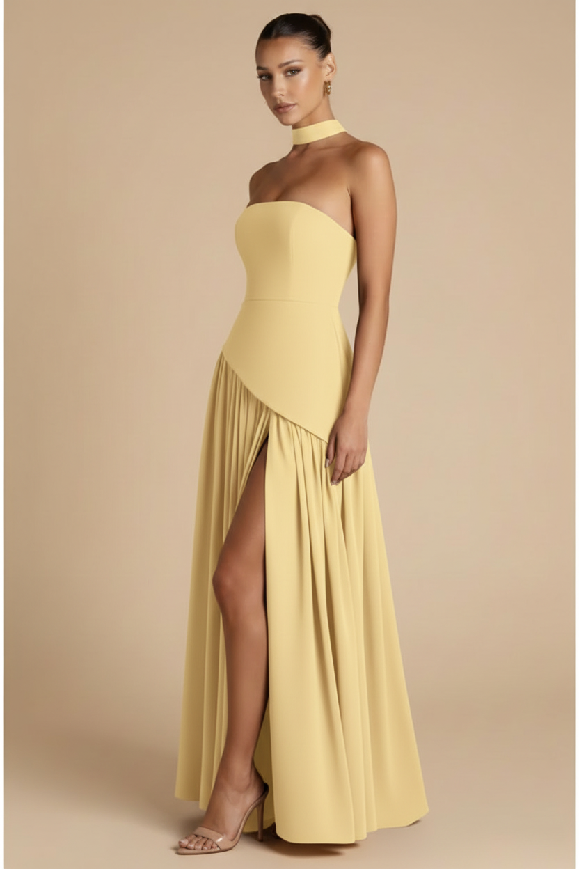 Valeria – Maxi Strapless Slit Elegant Yellow Light Dress