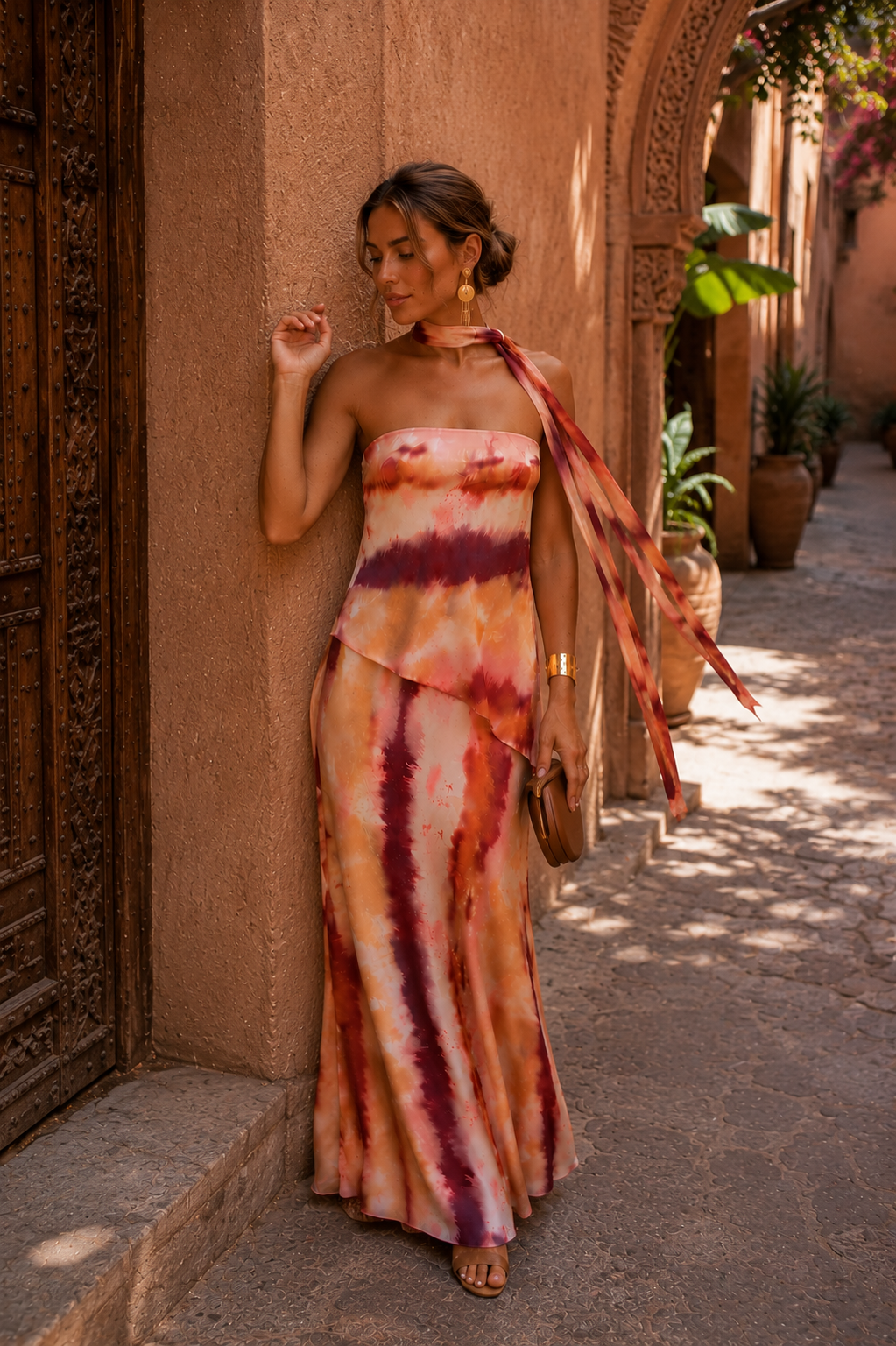 Long Printed Dress with Neckline with Band