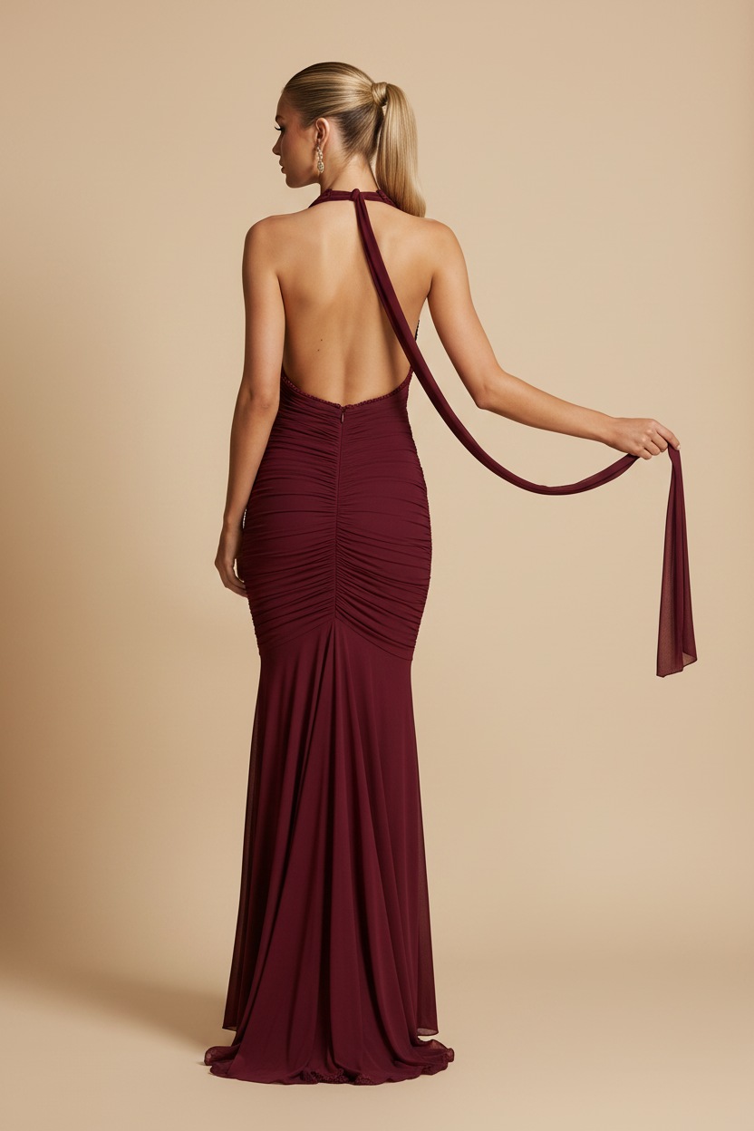 Vera – Maxi Scollatura Profonda Dress with Slit Flowy Burgundy