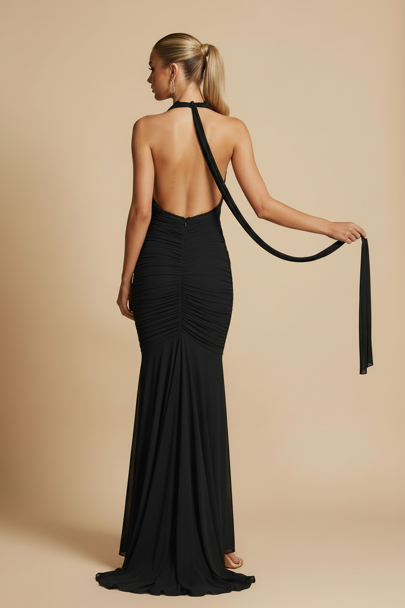 Vera – Maxi Scollatura Profonda Dress with Slit Flowy Black