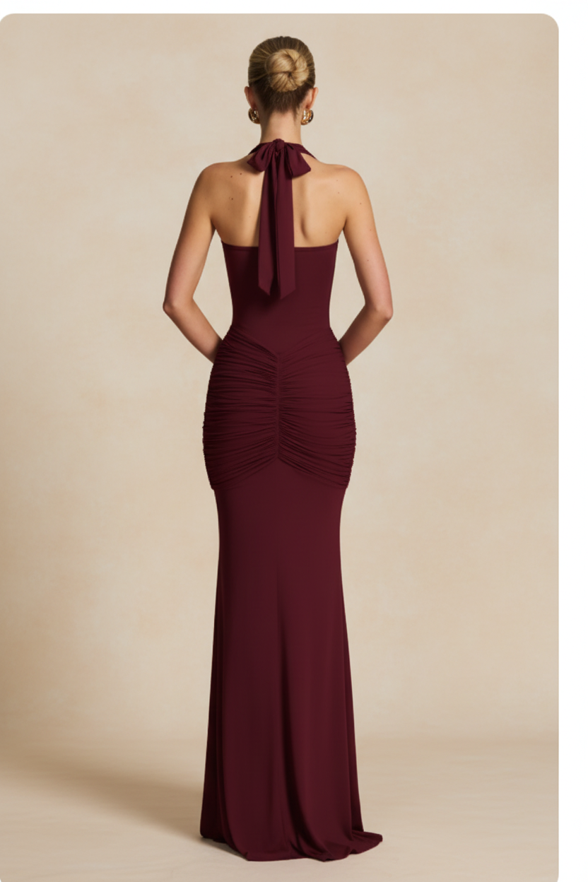 Seraphina – Maxi Ruched Effect Silhouette Burgundy Dress