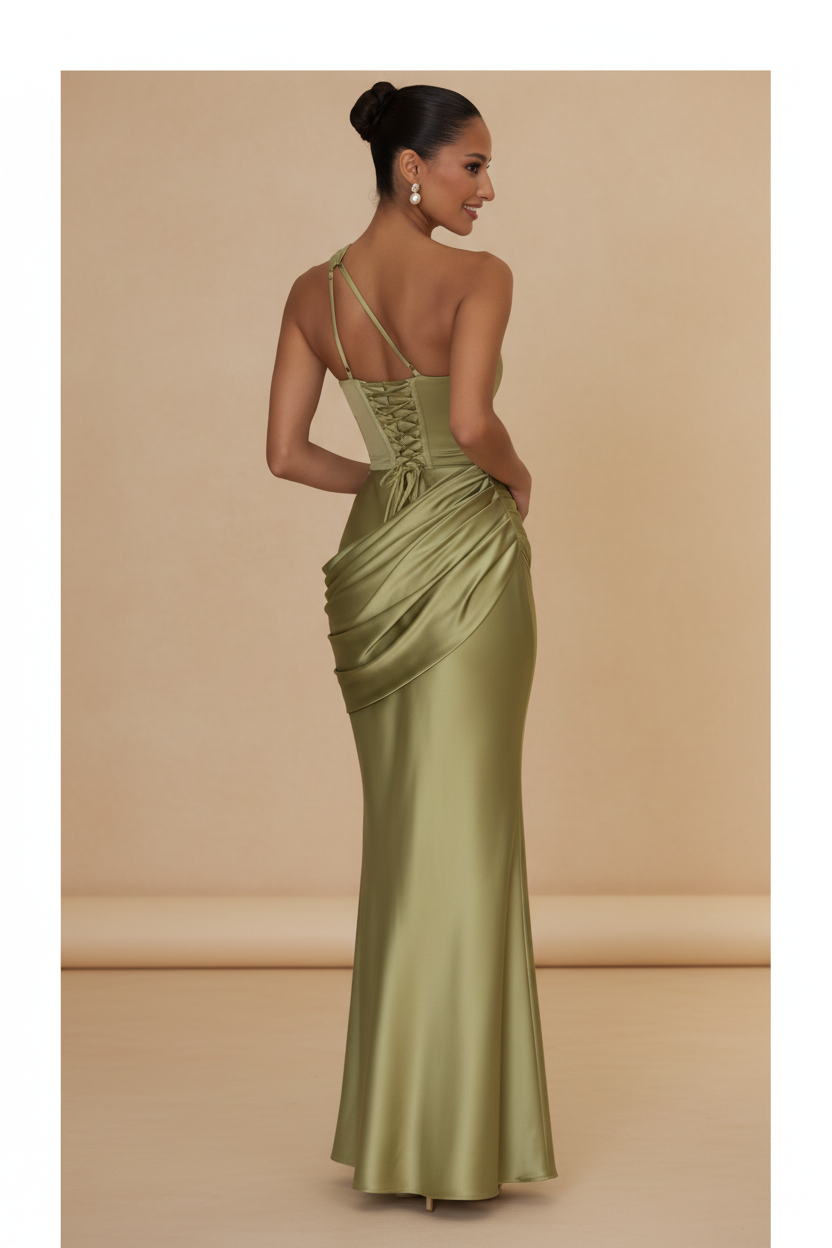 Aveline – Maxi Asymmetric Satin Olive Green Dress