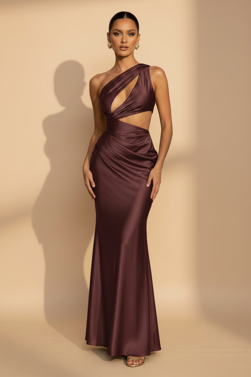 Aveline | Asymmetric One-Shoulder Satin Maxi Dress in Burgundy