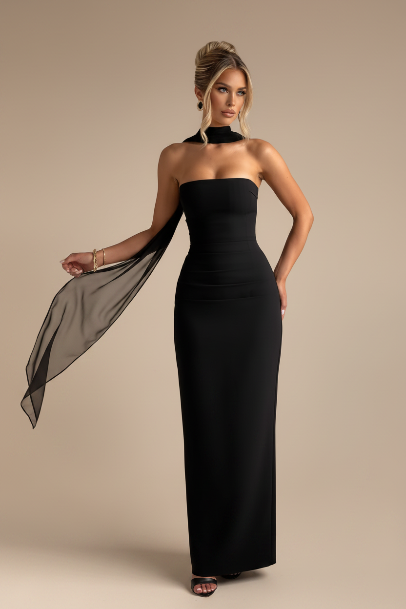 Maxi Strapless Dress with Drape Flowy Black
