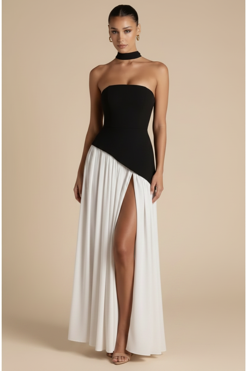 Valeria – Maxi Strapless Slit Elegant Black Dress & White