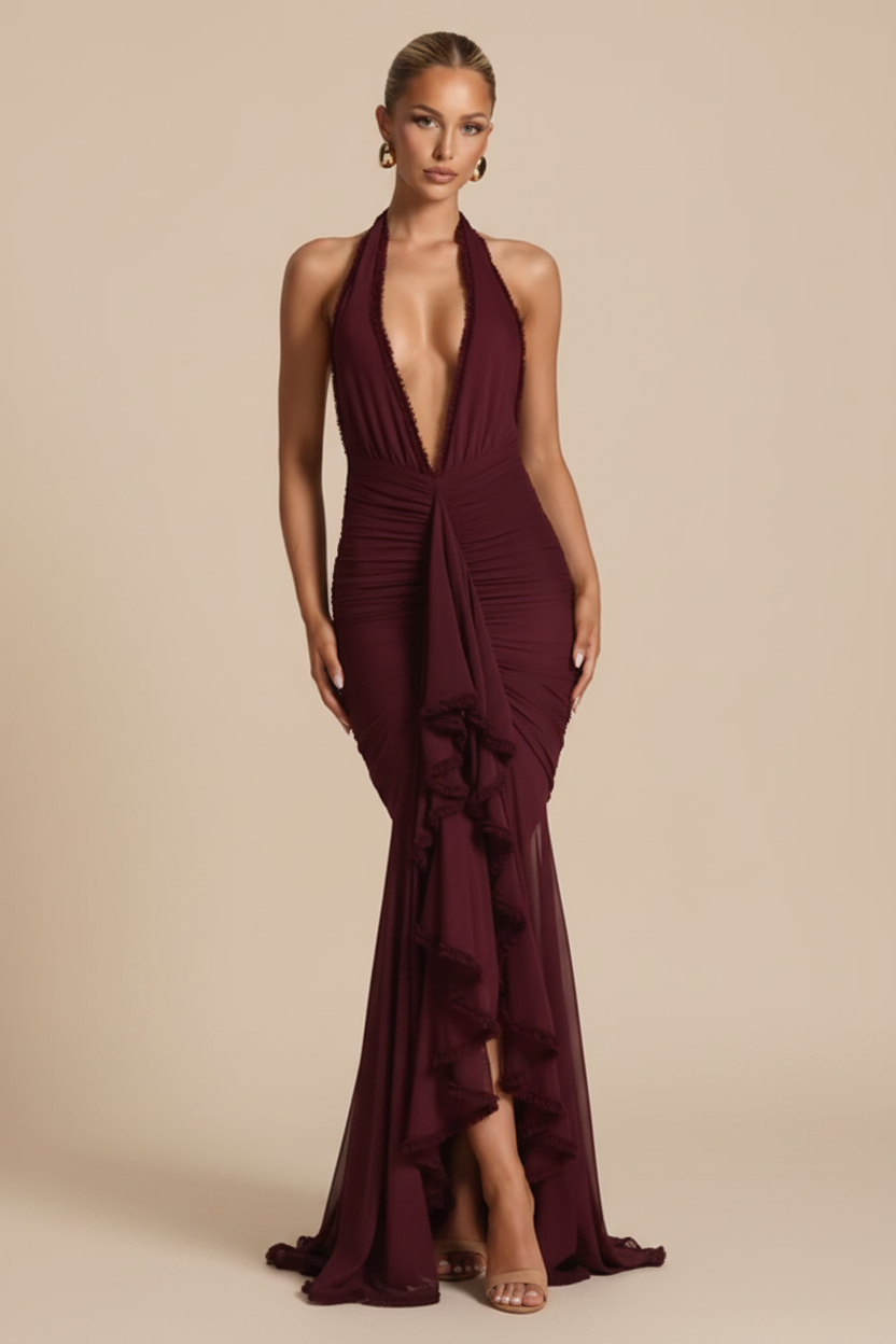 Vera – Maxi Scollatura Profonda Dress with Slit Flowy Burgundy