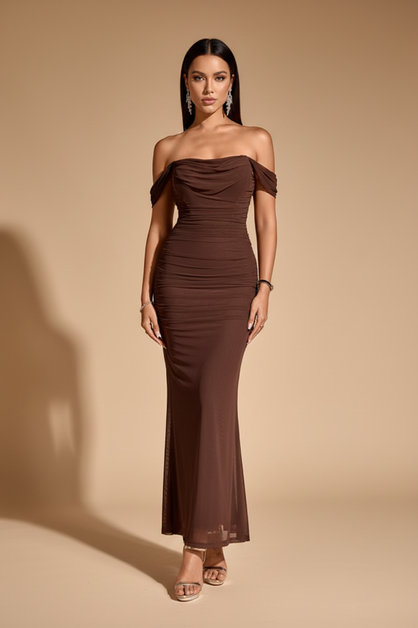 Serena | Off-Shoulder Draped Maxi Dress in Chocolate