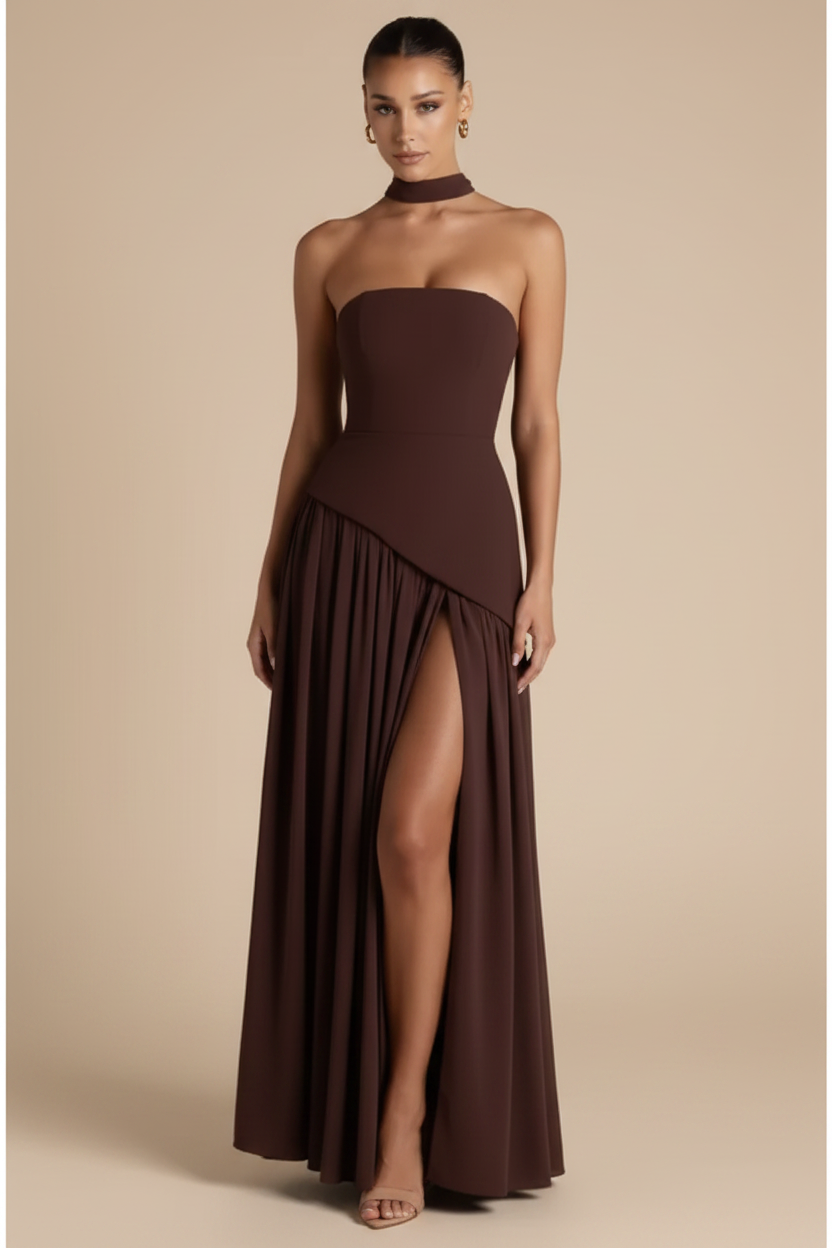 Valeria – Maxi Strapless Slit Elegant Brown Dress