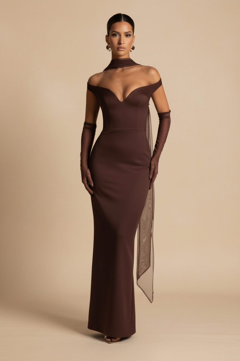 Selene | Off-Shoulder Maxi Dress in Chocolate
