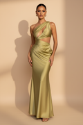 Aveline – Maxi Asymmetric Satin Olive Green Dress