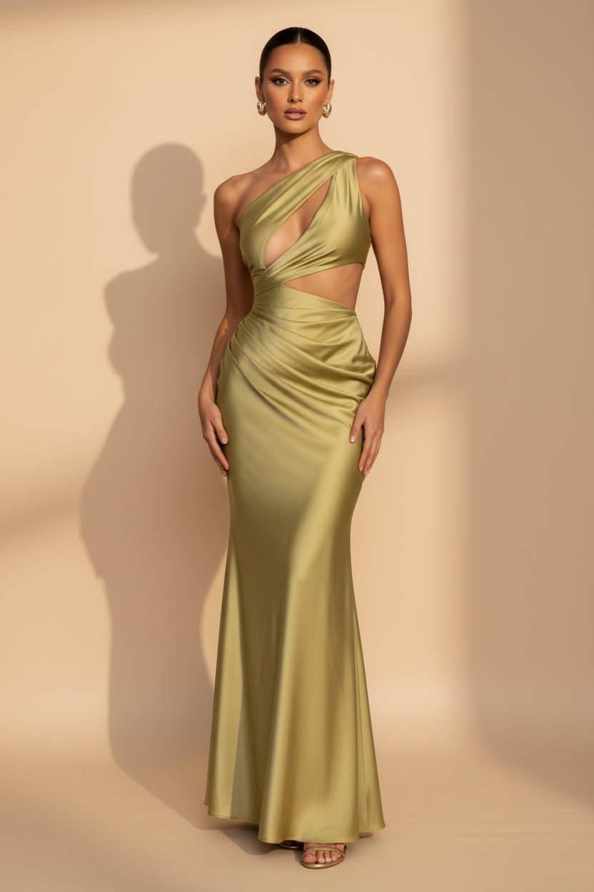 Aveline – Maxi Asymmetric Satin Olive Green Dress