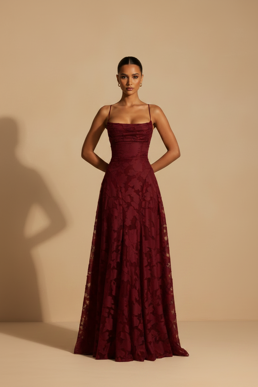 Francesca – Long Lace Fit Elegant Burgundy Dress
