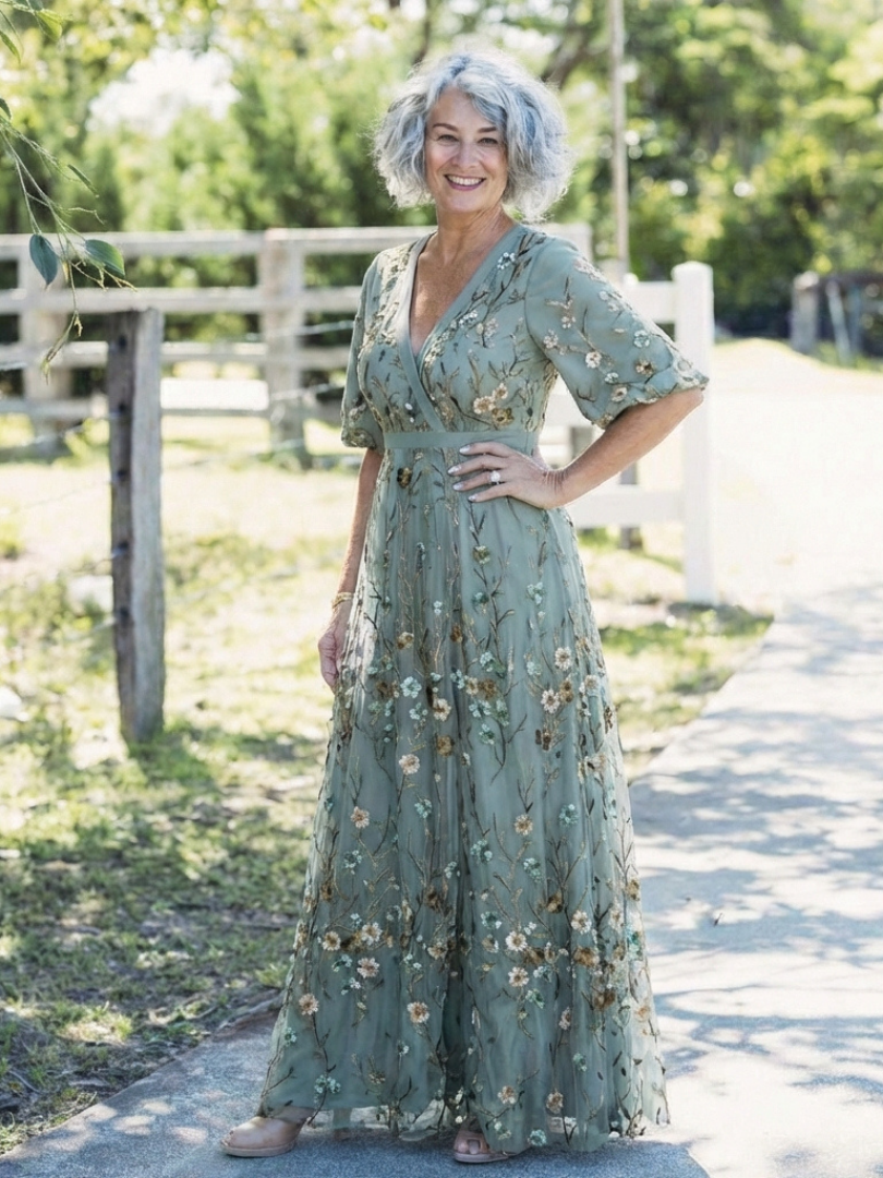 Melodi – Long Dress with Floral with V-Neck