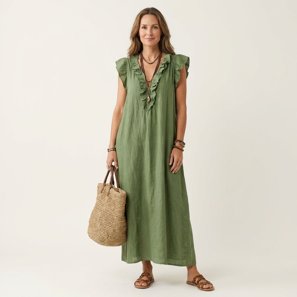 Josette | Maxi Linen Dress with V-Neck & Ruffle