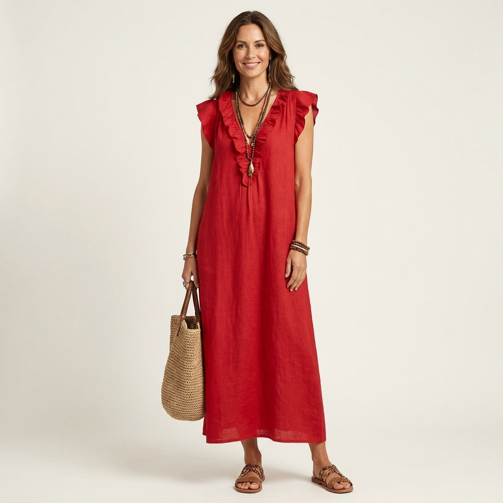 Josette | Maxi Linen Dress with V-Neck & Ruffle