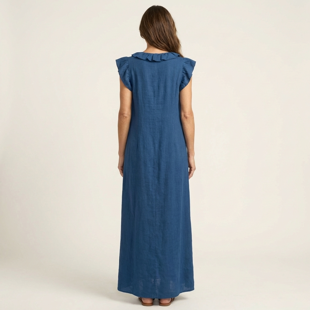 Josette | Maxi Linen Dress with V-Neck & Ruffle