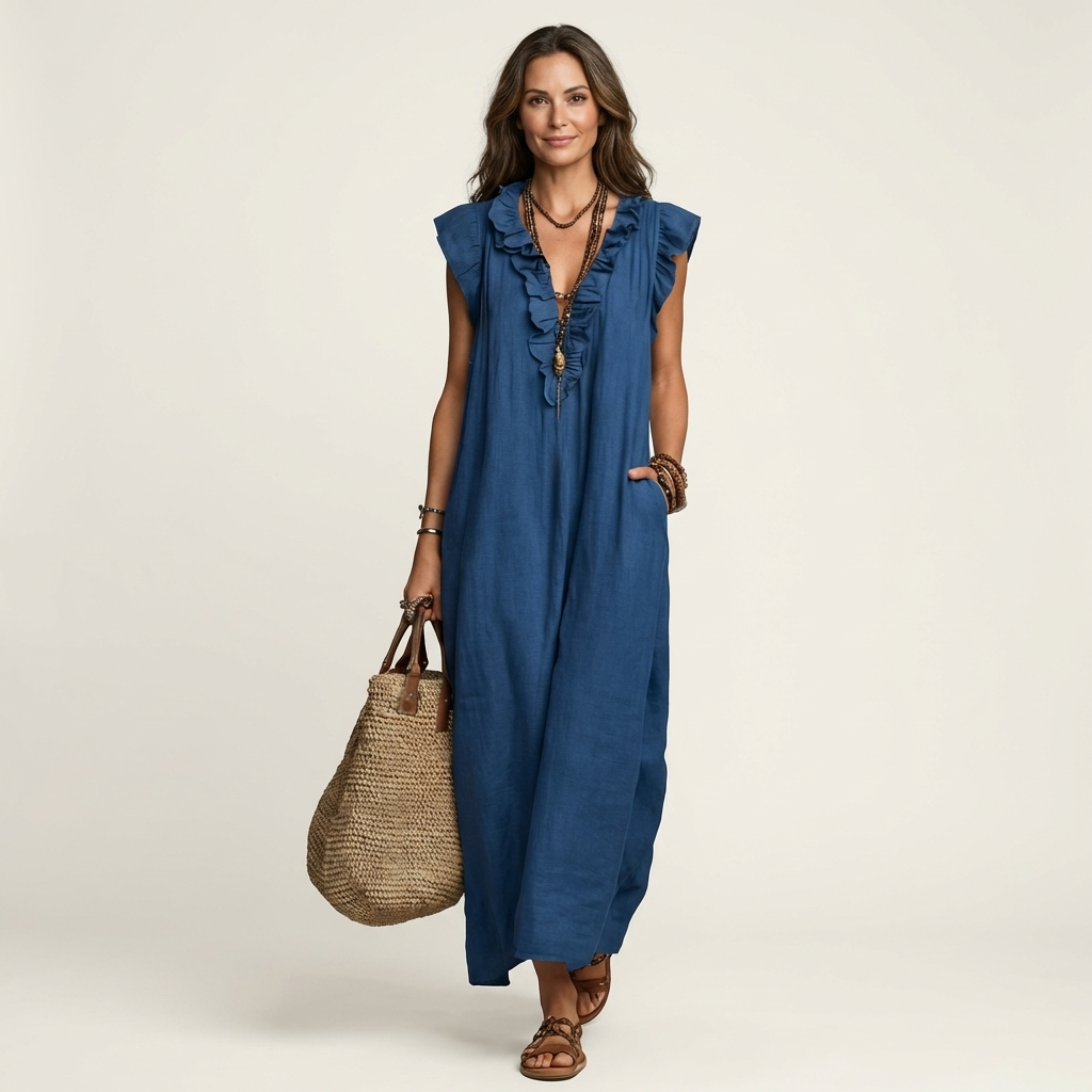 Josette | Maxi Linen Dress with V-Neck & Ruffle