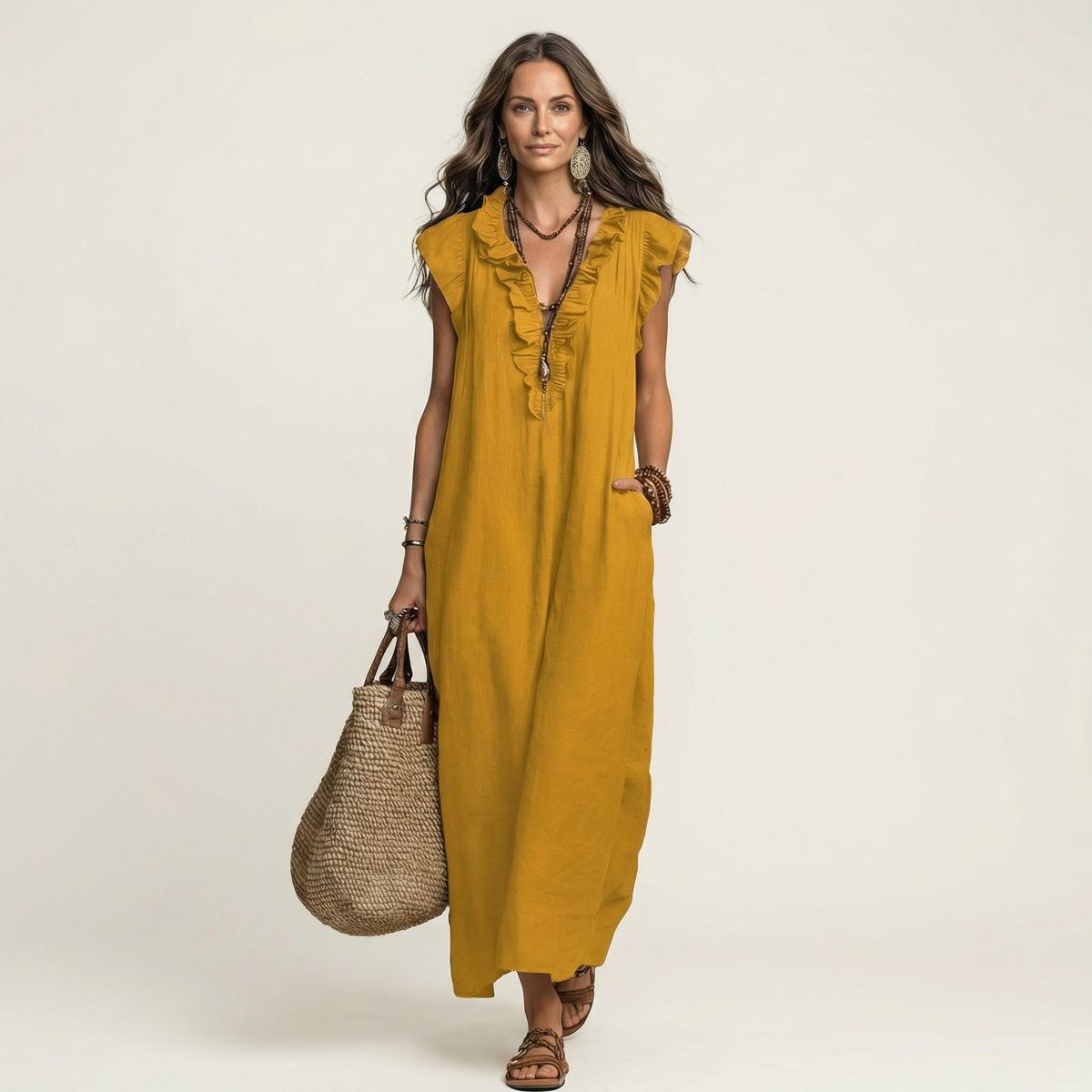 Josette | Maxi Linen Dress with V-Neck & Ruffle