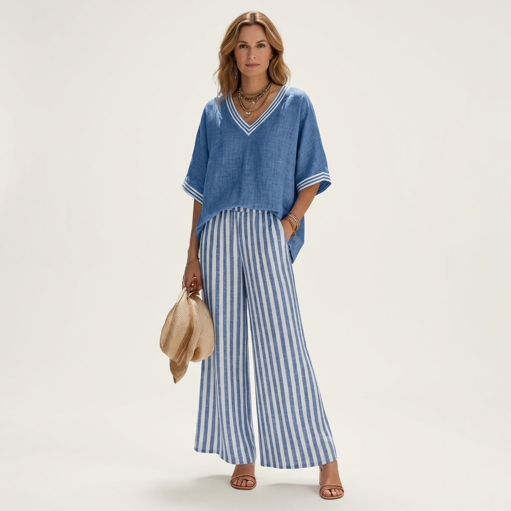 Juliana | Set with V-neck trim top and wide-leg striped trousers