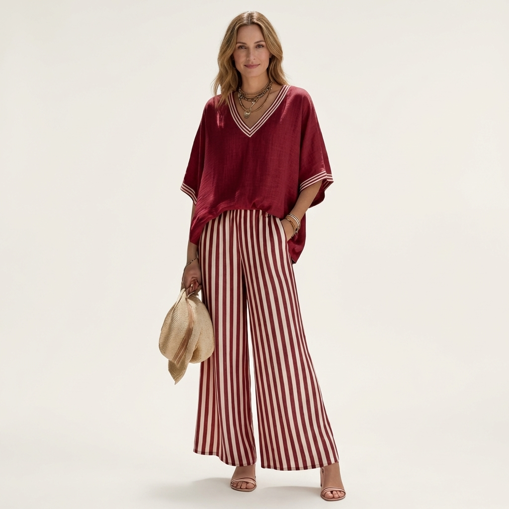 Juliana | Set with V-neck trim top and wide-leg striped trousers