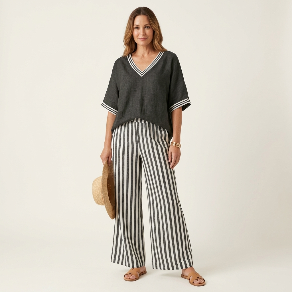Juliana | Set with V-neck trim top and wide-leg striped trousers
