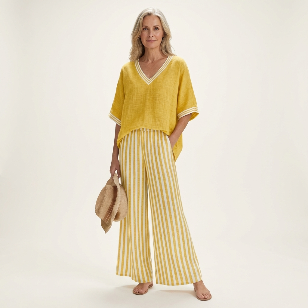 Juliana | Set with V-neck trim top and wide-leg striped trousers